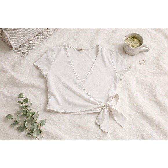 Tops - Cottagecore Wrap Crop Top Boho Balletcore Soft Girl Tie Waist Cotton Top Sozy